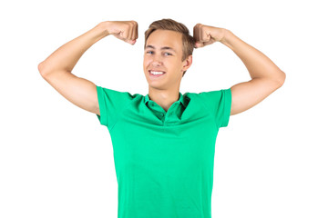 Portrait of young man in green t-shirt isolated on white background