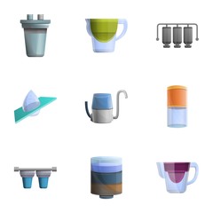 Home water filtration icon set. Cartoon set of 9 home water filtration vector icons for web design isolated on white background