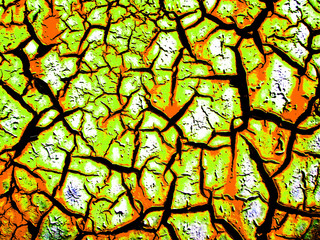 Cracked multi-colored paint of bright acid shades. Bright color background. Abstract colorful...