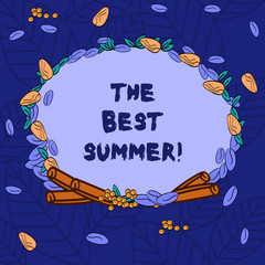 Word writing text The Best Summer. Business concept for Great sunny season of the year exciting vacation time Wreath Made of Different Color Seeds Leaves and Rolled Cinnamon photo