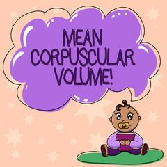 Fototapeta premium Word writing text Mean Corpuscular Volume. Business concept for average volume of a red blood corpuscle measurement Baby Sitting on Rug with Pacifier Book and Blank Color Cloud Speech Bubble