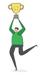 Man wins trophy and runs.