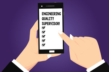 Conceptual hand writing showing Production And Maintenance Supervisor. Business photo text Industry control company engineer Hu analysis Hands Holding Pointing Smartphone Blank Color Screen