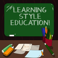 Word writing text Learning Style Education. Business concept for Method or technique a demonstrating uses to learn Mounted Blank Color Blackboard with Chalk and Writing Tools Sheets on Desk