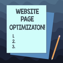 Handwriting text writing Website Page Optimization. Concept meaning Increase its search engine visibility and reach Stack of Blank Different Pastel Color Construction Bond Paper and Pencil