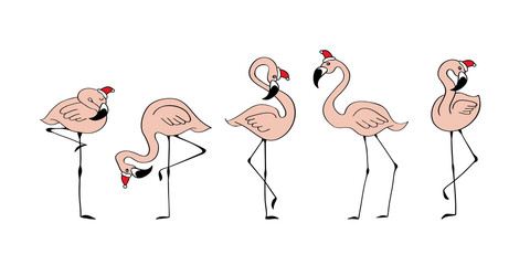 Doodle hand drawn flamingo set with christmas hats on their heads. Funny cartoon birds isolated on white background. Vector illustration. © Alisa