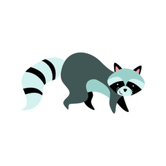 Cute cartoon raccoon isolated on white background. Funny animal in trendy scandinavian colors. Flat vector illustration.