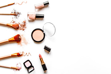 decorative cosmetics nude on white background top view
