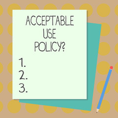 Text sign showing Acceptable Use Policyquestion. Conceptual photo set of rules applied by the owner of a network Stack of Blank Different Pastel Color Construction Bond Paper and Pencil