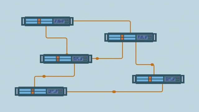 network of computer servers exchanging data, concept of global communication, big data, internet, cartoon style, seamless loop, luma matte