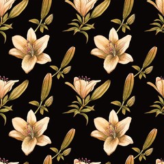 Seamless pattern of orange lilies on the dark brown background.