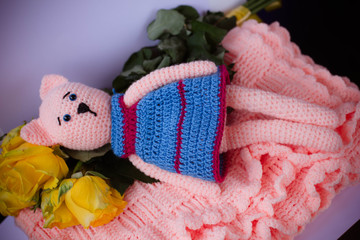 crochet toy pink cat in a dress 