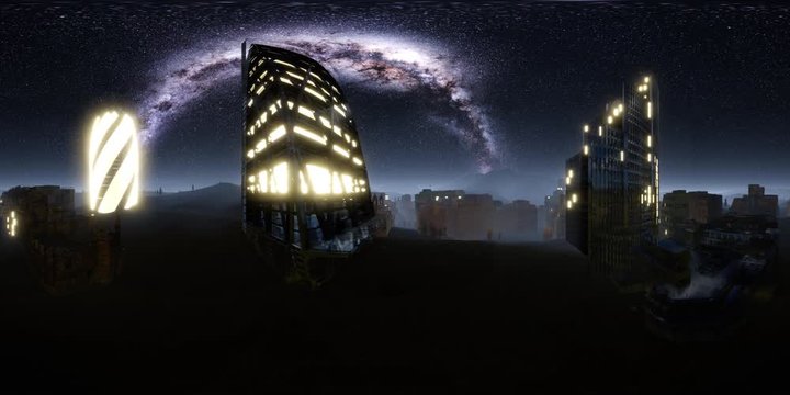 city skyline at night under a starry sky. ready for use in vr360 virtual reality