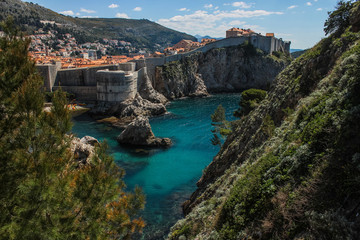 View of Dubrovnik West Harbor, Fort Bokar and the ancient city wall. Shot from Fort Lovrijenac, Croatia.