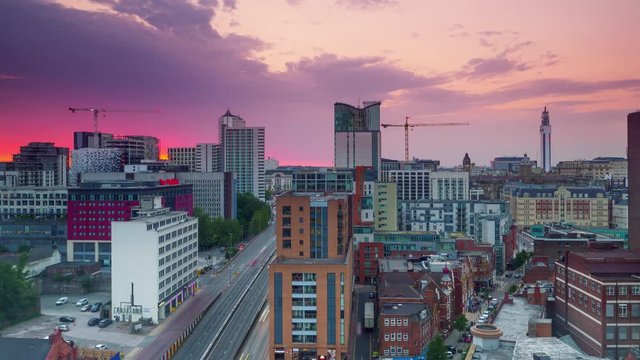 Birmingham City Skyline Timelapse Day To Night Aerial View From Sunset England Uk