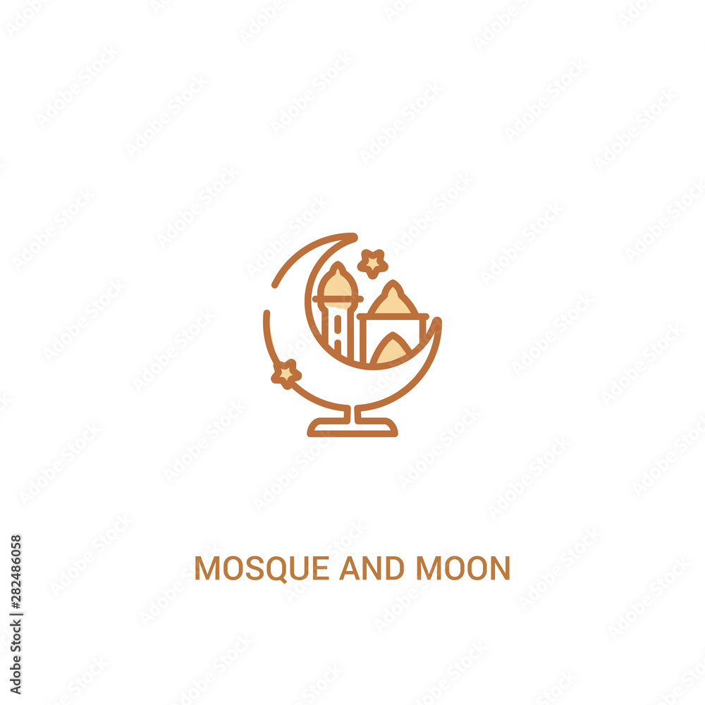 Poster mosque and moon concept 2 colored icon. simple line element illustration. outline brown mosque and m