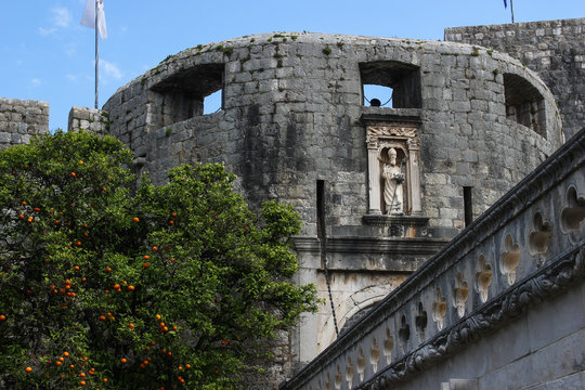Pile Gate at the border of the city of Dubrovnik with space for text on the left side, Croatia