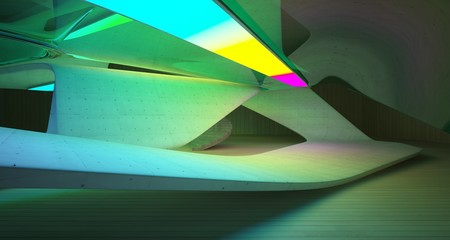 Abstract architectural concrete and wood smooth interior of a minimalist house with color gradient neon lighting. 3D illustration and rendering.