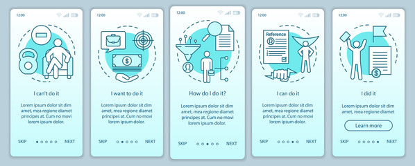 Motivation onboarding mobile app page screen with linear concepts. Goal achieving, problem solving. Getting job. Steps graphic instructions. UX, UI, GUI vector template with illustrations