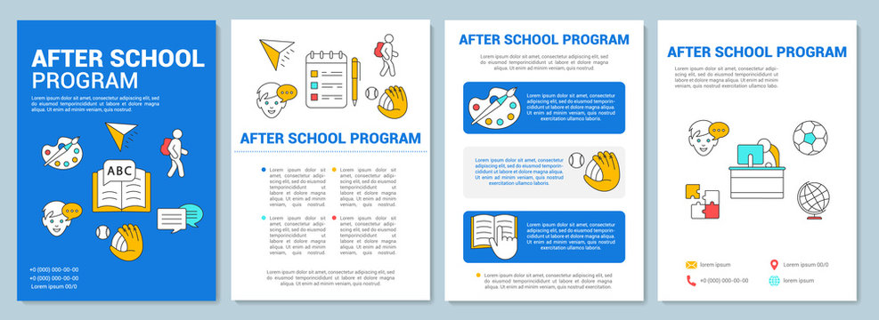 After school program brochure template layout. Learning center. Flyer, booklet, leaflet print design with linear illustrations. Vector page layouts for magazines, annual reports, advertising posters