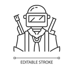 Game soldier linear icon. Player with weapon in safety gear. VPlayer in protective helmet with guns. Thin line illustration. Contour symbol. Vector isolated outline drawing. Editable stroke