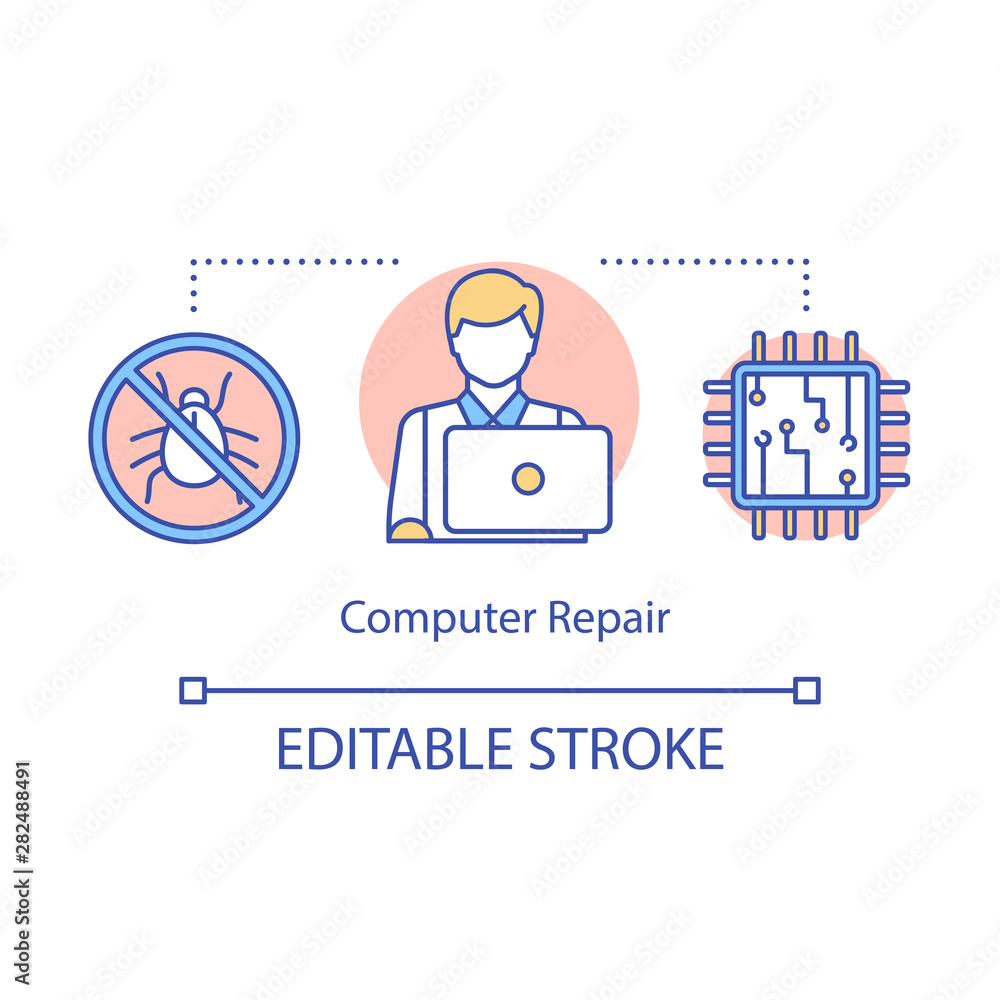 Aufkleber computer repair concept icon. pc technician service. laptop fix, setup. software installation. teste