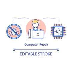 Computer repair concept icon. PC technician service. Laptop fix, setup. Software installation. Tester at work. Debugging idea thin line illustration. Vector isolated outline drawing. Editable stroke