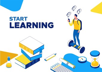 Online learning 3d isometric concept, landing page template, boy on gyroboard, mobile phone, digital education technology, distance study, internet courses, webinar, blue, yellow line illustration