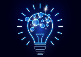 Science is the study of molecules, atoms, neurons. Icon idea, solution, discovery in the form of a glowing light bulb.