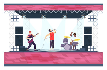 Summer rock festival flat vector illustration. Pop music summer performance. Guitarist, vocalist and drummer on scene. Music band on open air stage isolated cartoon characters on white background