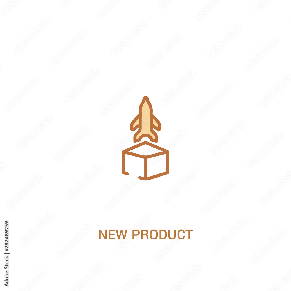 Poster new product concept 2 colored icon. simple line element illustration. outline brown new product symb