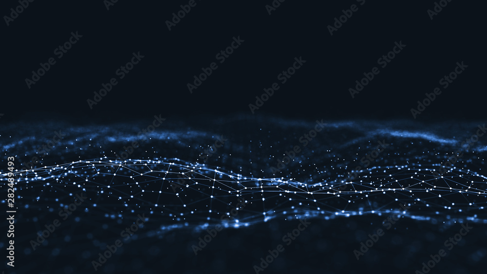 Fototapete Abstract 3d rendering futuristic dots and lines. computer geometric digital connection structure. Futuristic black abstract grid. Plexus with particles. Intelligence artificial