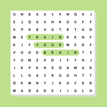 Train your brain phrase in a word search game. Education concept. Aging problem.