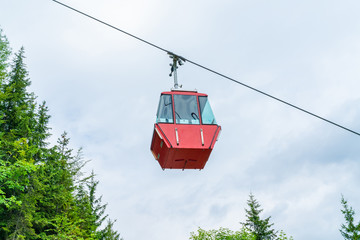Red vintage gondola of Mount Katrin cable car in Bad Ischl, Salzkammergut, Austria