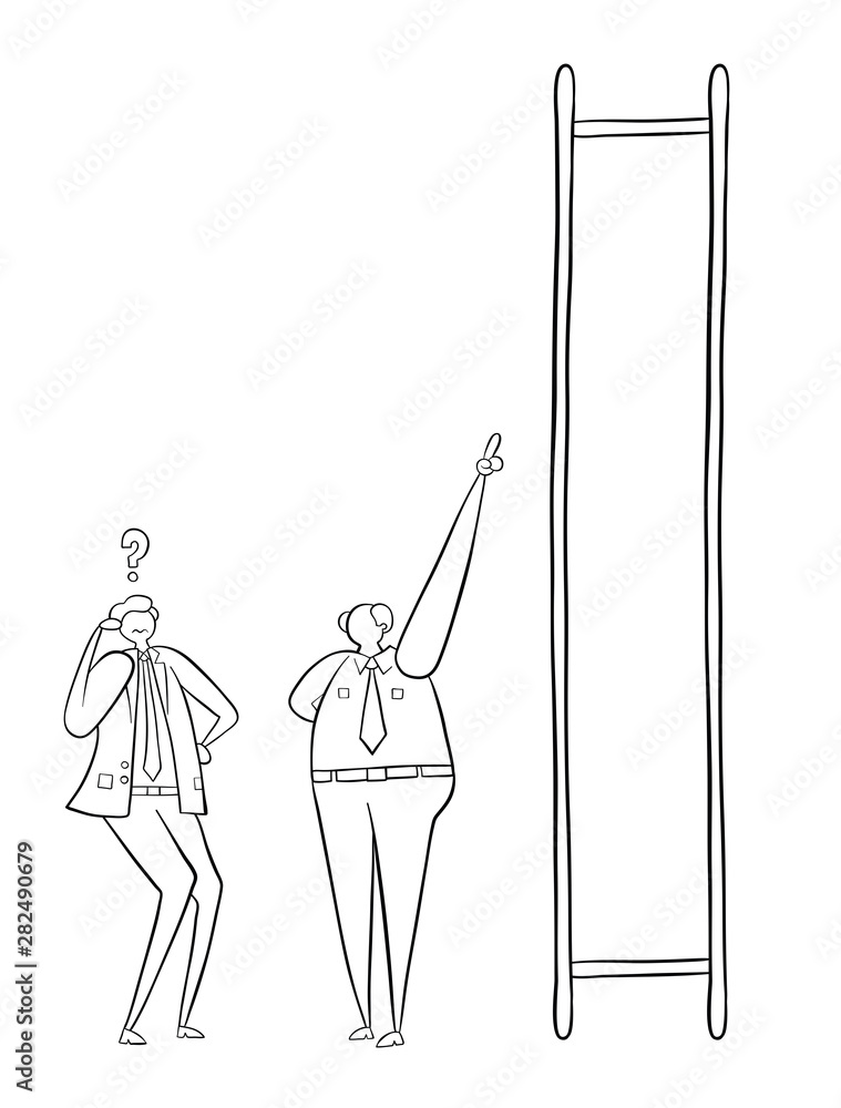 Poster the boss wants him to climb to the top of the ladder with missing steps.