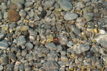 Background water, surface of sea on rocks, close up. Reflection of sun beams in water and shallow soil, shoal of ocean. Top view of coral reef. Coral reef in sea texture, pattern and wallpaper.