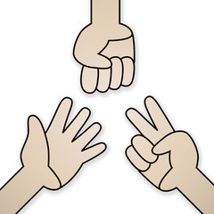 Rock Scissors Paper hand Isolated illustration on the white background with paths selection. Rock Scissors Paper hand line symbo.Hands playing paper rock scissors game.