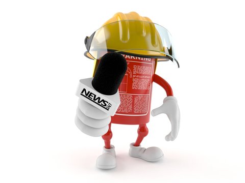 Fire extinguisher character holding interview microphone