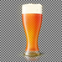 Vector Glass of fresh beer isolated on plaid background.