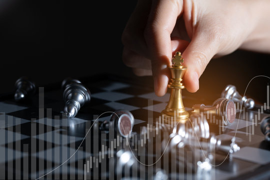 Strategy ideas,plan and policy concept.Business competition, strategy, leadership and success of network futuristic graphic icon,silver and golden chess board game.