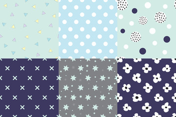 Set of cute seamless patterns. Geometric figures on colorful backgrounds. Vector illustration for your design. Printable motifs with a triangle, circle, cross, star, polka dots and flowers.