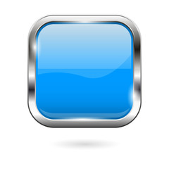 Blue glass button. 3d shiny square icon