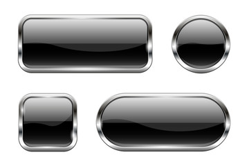 Black glass buttons. Set of 3d shiny icons with chrome frame