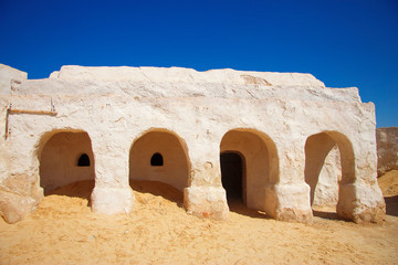 Decorations of movie Star Wars Episode First in Sahara desert, Tunisia