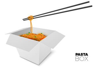Vector 3d realistic open box with noodles and sticks on white background. Mock-up for product package branding.