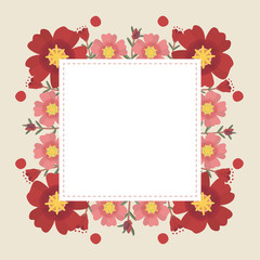 Floral greeting card and invitation template for wedding or birthday, Vector square shape of text box label and frame, Red portulaca flowers wreath ivy style with branch and leaves.