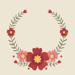 Floral greeting card and invitation template for wedding or birthday, Vector circle shape of text box label and frame, Red portulaca flowers wreath ivy style with branch and leaves.