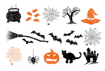 Zelfklevend Fotobehang Halloween symbols hand drawn illustrations © oldesign