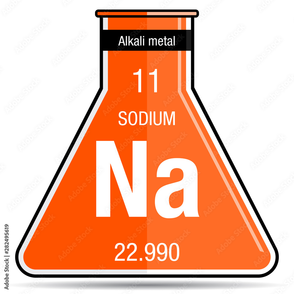 Sticker Sodium symbol on chemical flask. Element number 11 of the Periodic Table of the Elements - Chemistry