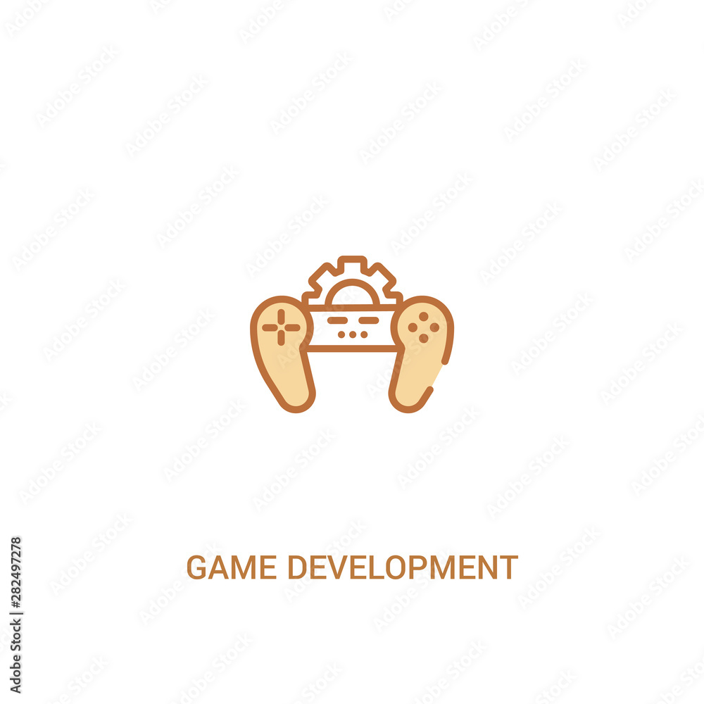 Poster game development concept 2 colored icon. simple line element illustration. outline brown game develo
